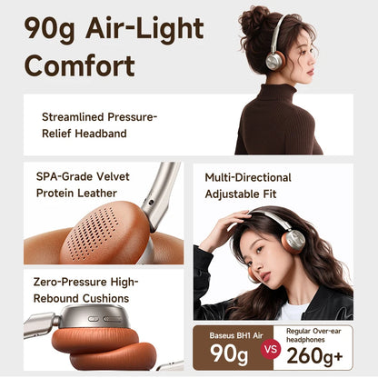 Baseus BH1 Air Wireless Headphones Bluetooth 6.0 ENC Noise Cancellation Lightweight 90g Over Ear Headset 80H Earphone