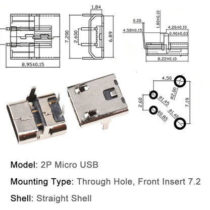 10PCS Micro USB Android Female Charging Socket, Flat Edge Crimped Type, 5Pin, 4 Mounting Pins, SMD & DIP Tail Connector