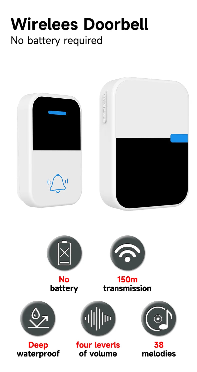 Good Sound Quality High Volume Long-Distance Kinetic Door Bell Household Waterproof Battery Free Self Powered Wireless Doorbell