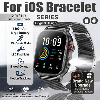New1400mAh Large Battery Smart Watch 5ATM Waterproof LED Flashlight 100+ Sports Modes Heart Rate Fitness Tracker Men Smart Watch