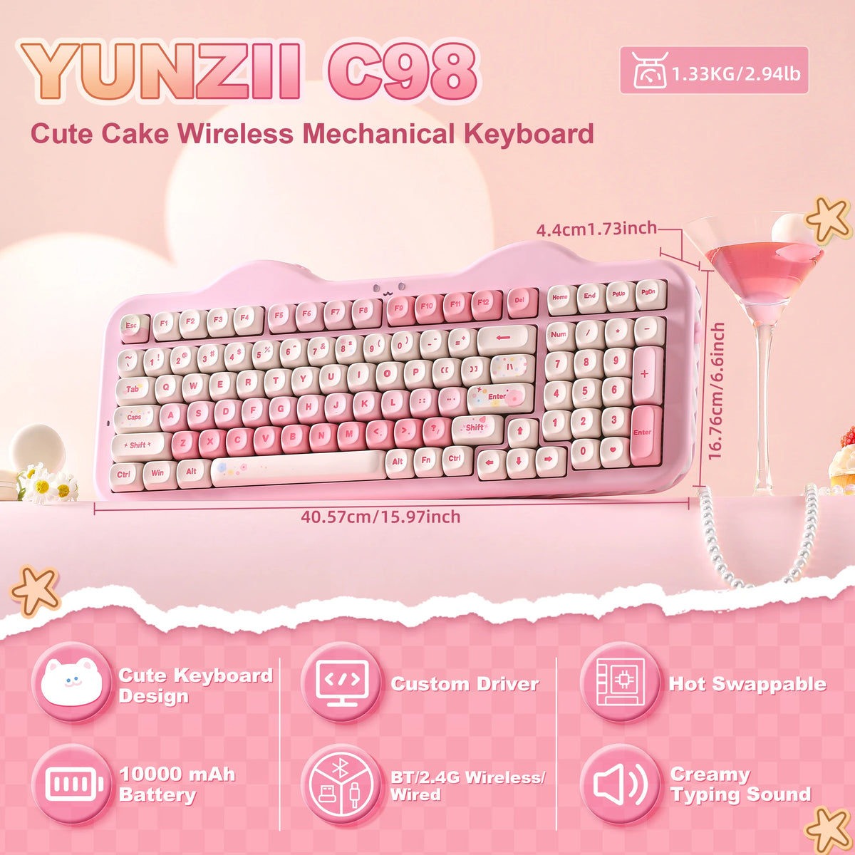 YUNZII C98 Wireless Mechanical Keyboard, 99-Key Hot Swap Gasket Keyboard with Numpad, Custom RGB Backlight,Cute Keeb for Win/Mac