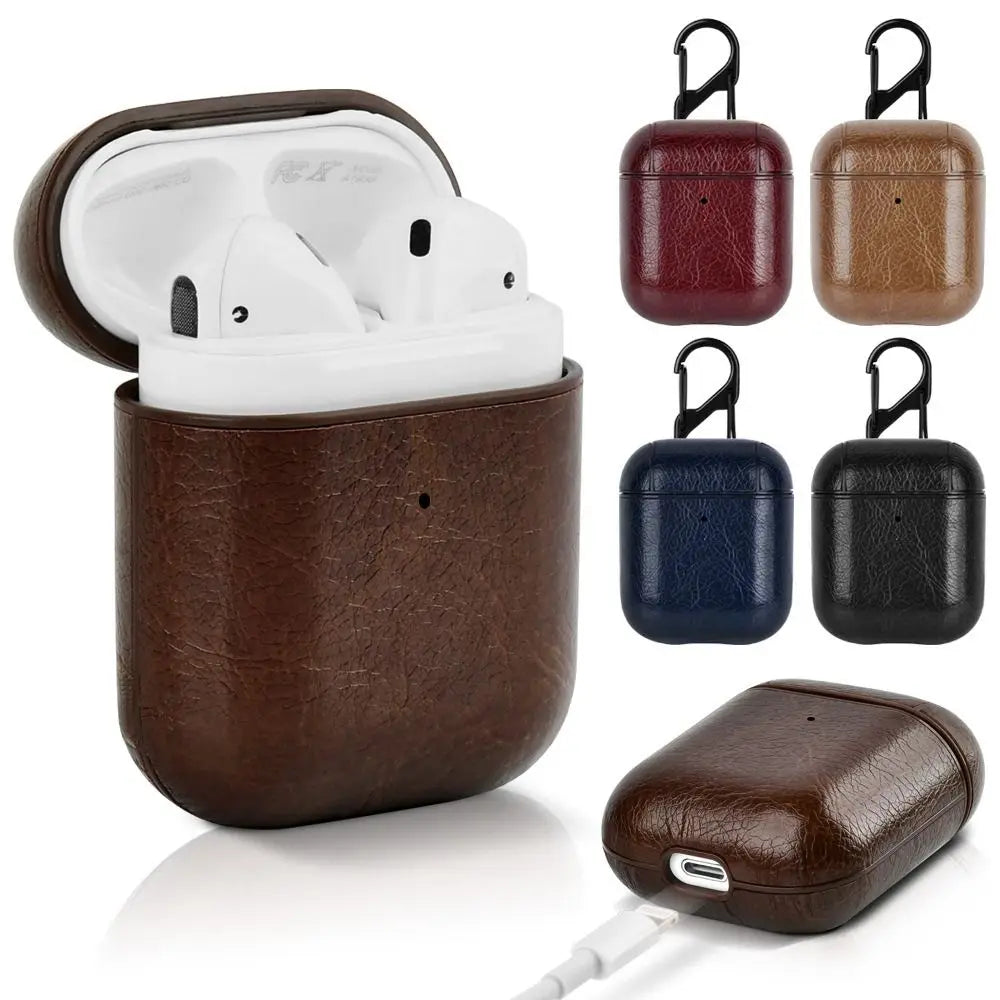 PU Leather Earphone Case for AirPods 1/2 Gen Earbuds Cover Wireless Headphone Protective Shell with Carabiner