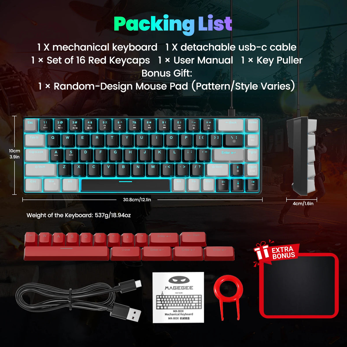 FocusOnPC MK-BOX Portable 60% Mechanical Gaming Keyboard, 68 Keys Compact Wired Keyboard with LED Backlight for Gaming & Office, Compatible with PC, Laptop & Mac, Free Random Mouse Pad Included