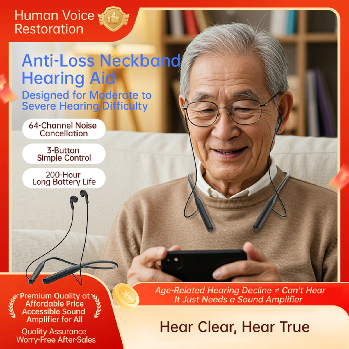 300mAh Type-C Rechargeable Hearing Amplifier Device Sports Neckband Wireless Earphone Hearing Aid 8 Gears Adjustable for Seniors