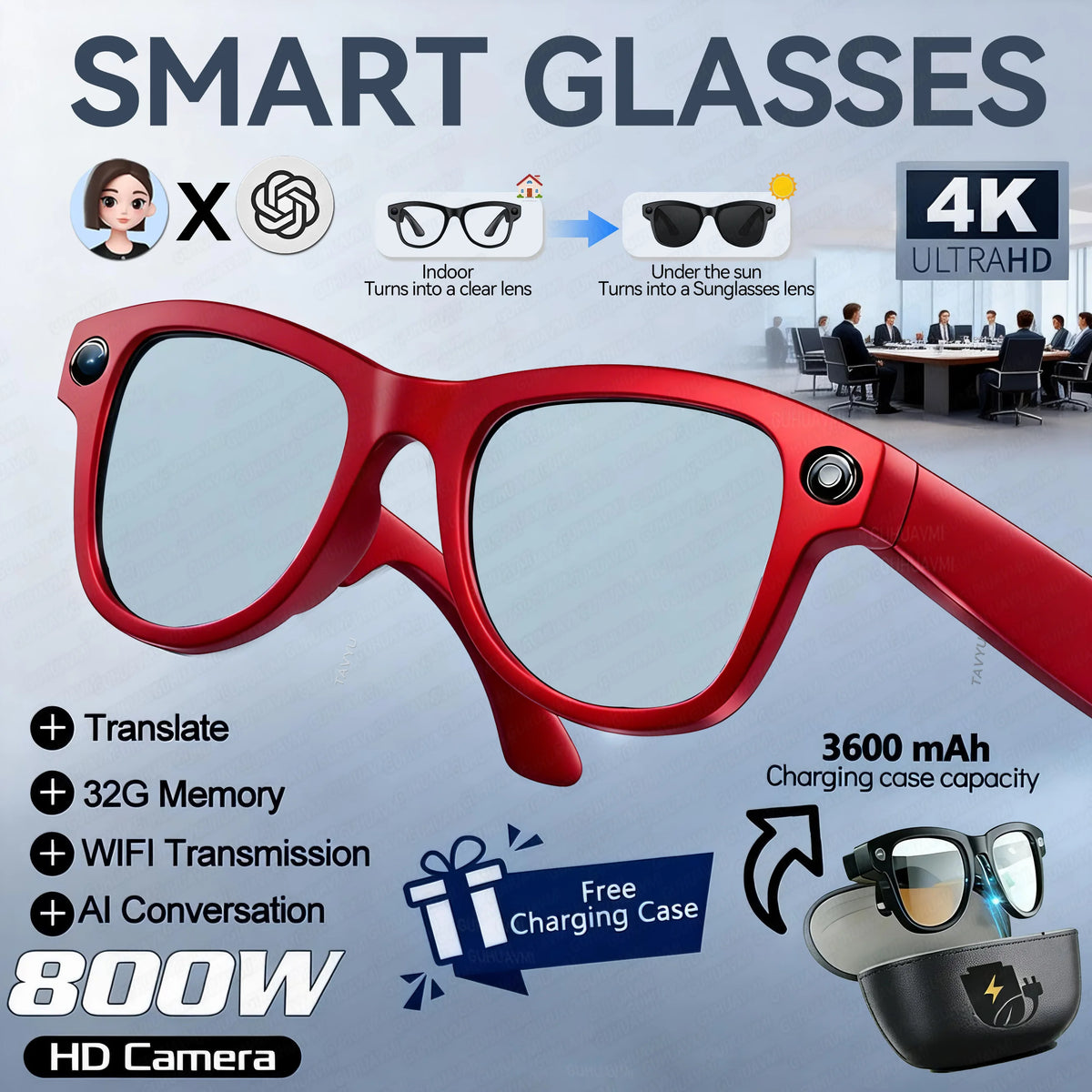 2026 New AI Smart Glasses Camera 30MP Photo 1200P Video Bluetooth Music Call WiFi Translation Voice Assistant Sunglasses Vlog HD