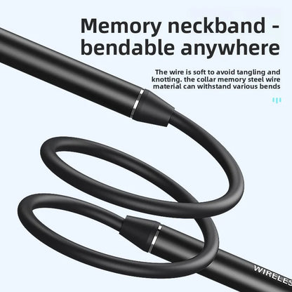 Neck-mounted TWS sports Bluetooth earphones with a metal casing, memory neckband, bendable and portable. Supports TF card playback for music. Dual battery design for ultra-long battery life. Supports simultaneous connection t