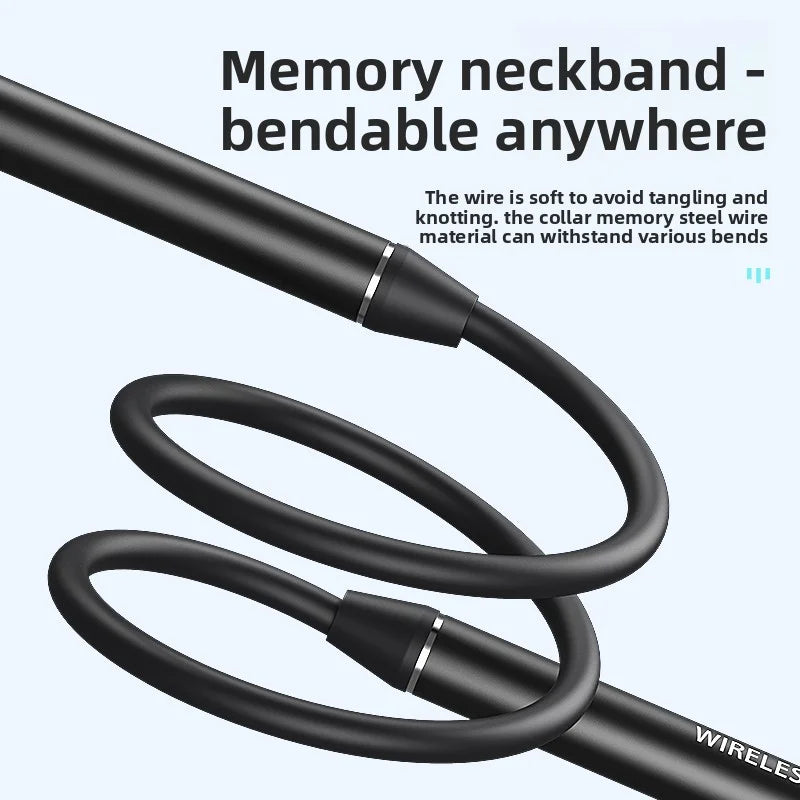Neck-mounted TWS sports Bluetooth earphones with a metal casing, memory neckband, bendable and portable. Supports TF card playback for music. Dual battery design for ultra-long battery life. Supports simultaneous connection t
