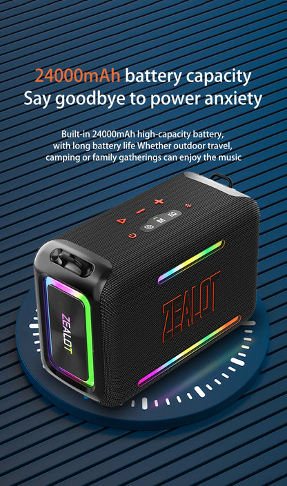 ZEALOT S95 120W Portable Bluetooth Speaker High Volume Waterproof 24000mAh Wireless TWS Subwoofer Suporrt USB/TF/AUX RGB Light.