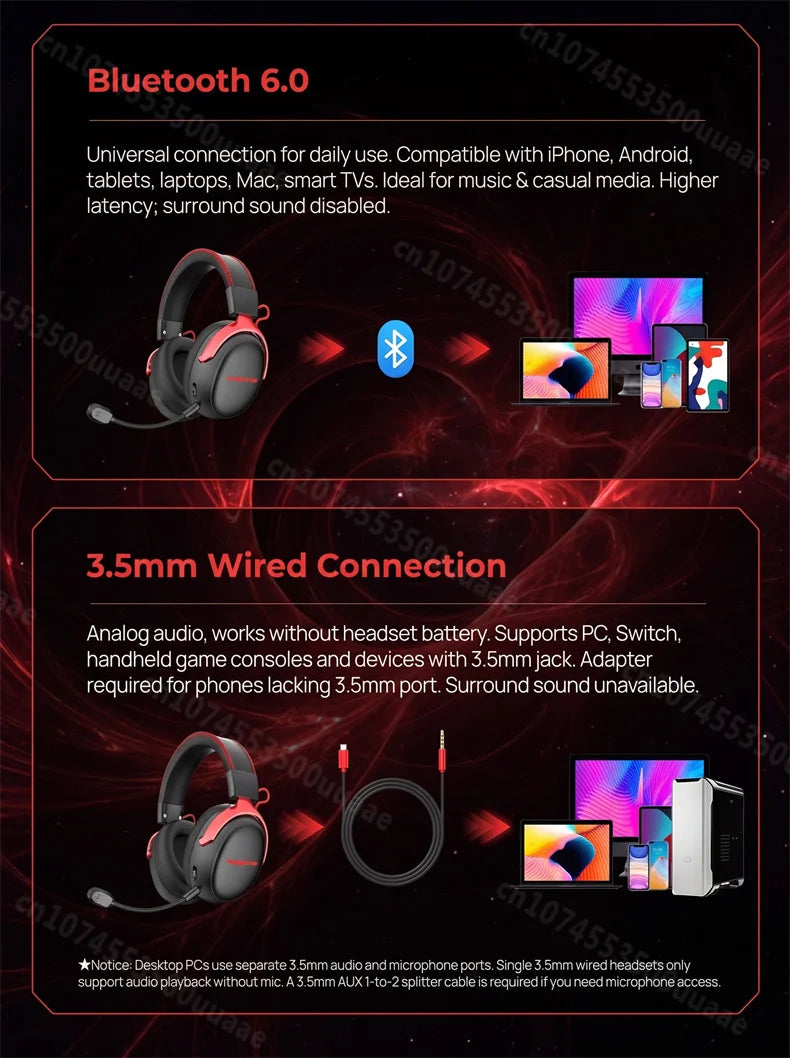 Monster GH04 Wireless Gaming Headphone 2.4G/Bluetooth 6.0 4-Mode 7.1 Surround Sound Esports Gaming Headset with Detachable Mic