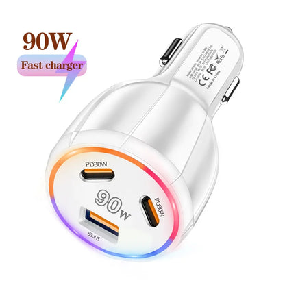 90W 3 Port Car Charger Super Fast Charger QC3.0 PD30W PPS High-Power Cigarette Lighter Fast Charger for iPhone/Huawei/Samsung