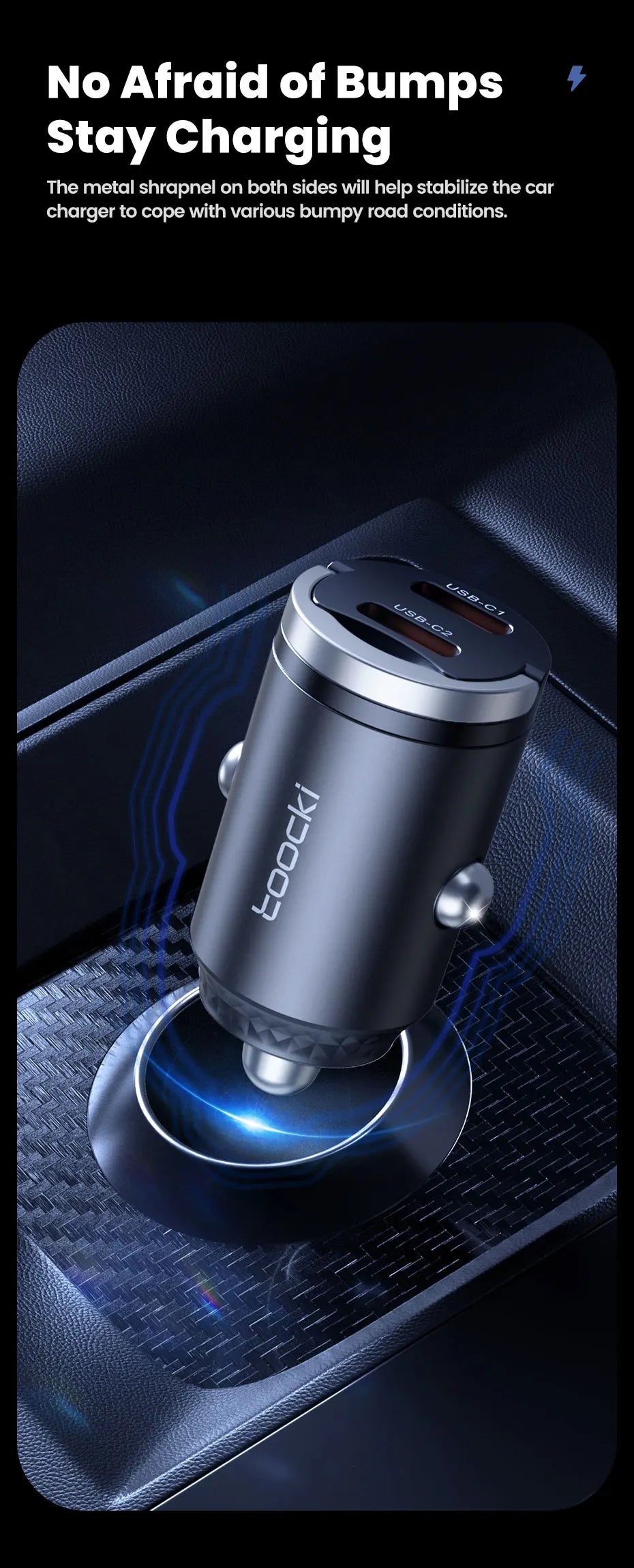Toocki 45w Car Charger Dual Type C PD45w Fast Charging Car Phone Adapter For Xiaomi iPhone Oneplus Samsung Huawei POCO Cellphone