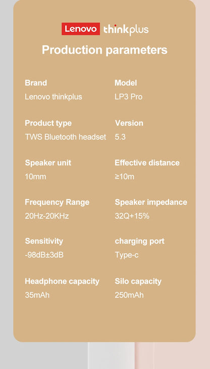 Original Lenovo Lp3 Pro TWS Headphones Wireless Bluetooth 5.3 Earphones HIFI Sound Noise Reduction HD Call Sports Earbuds Lp3pro