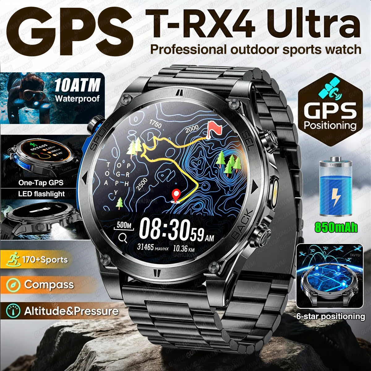 2026New T-RX4 Ultra GPS Smart Watch For Men 6-star GPS Positioning 10ATM Waterproof 850mAh Battery Compass 170+Sports Smartwatch