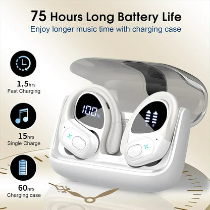 Wireless Earbuds Sport Bluetooth 5.4 Headphones with Noise Cancelling Mic 75Hrs HiFi Stereo Over Ear Bud LED Display USB-C IPX7