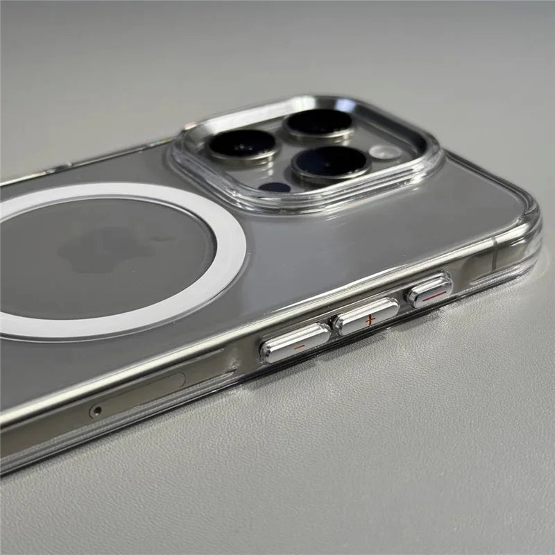 Transparent Wireless Charging for Magsafe Case for iPhone 18Pro 17 16 17Pro Max Alloy Lens Clear Shockproof Hard Armor Cover