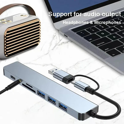 8 In 1 USB Type-C  HUB with Splitter Card Reader USB 3.0 2.0 SD/TF Splitter Card Reader Docking Station for HUAWEI Xiaomi PC