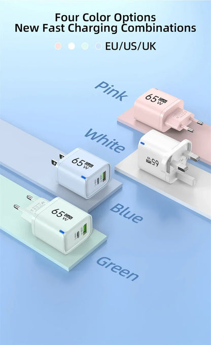 GaN 65W USB Type C Fast Charger 2 in 1 Portable Phone Wall Charger Quick Charge EU US UK Plug For iPhone Samsung Xiaomi Huawei