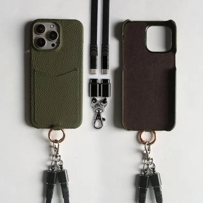 Multifunctional Charging Cable Lanyard Genuine Leather Case for IPhone 18 Pro Max 17Pro 16 15 14 13Pro Crossbody Strap Card Slot
