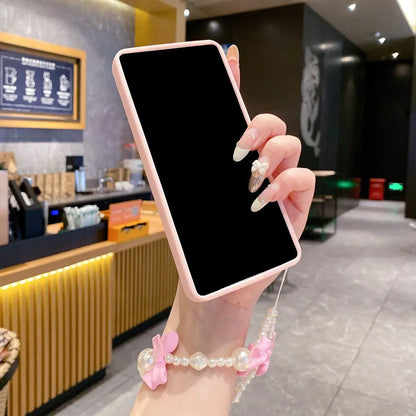 3D Pearl Pink Bow Lanyard Phone Case For Samsung Galaxy S25 S24 Ultra S23 S22 S21 Plus A53 A54 Bracelet Wrist Strap Soft Cover