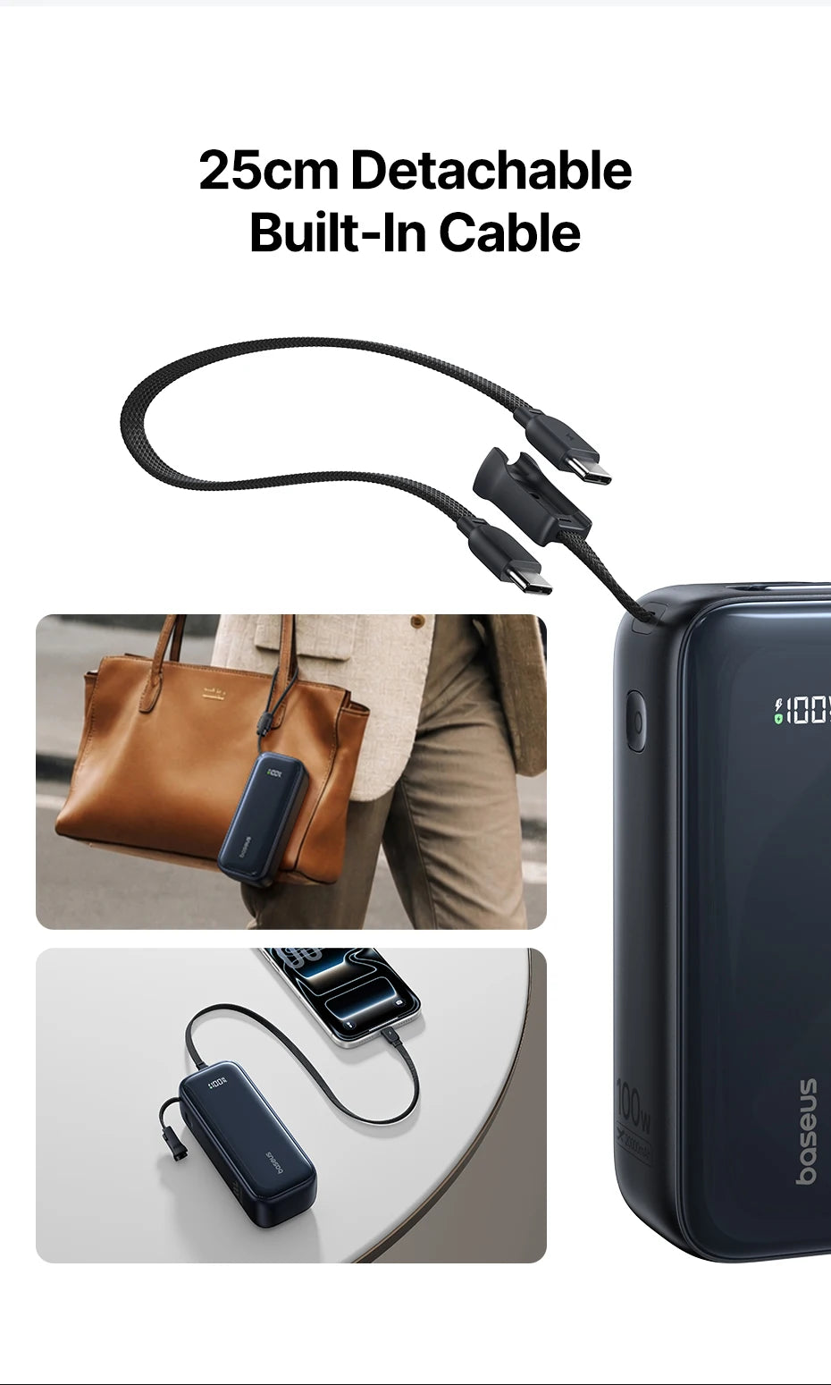 Baseus 100W 20000mAh Power Bank Retractable USB-C Cable for iPhone 18 Duo 17 Pro Max Samsung S26 Portable Charger for Laptop