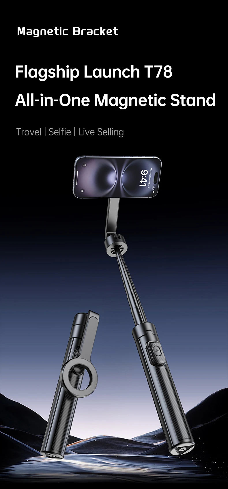 T18 Magnetic Phone Tripod Wireless Phone Grip Selfie Stick Desktop Tripod