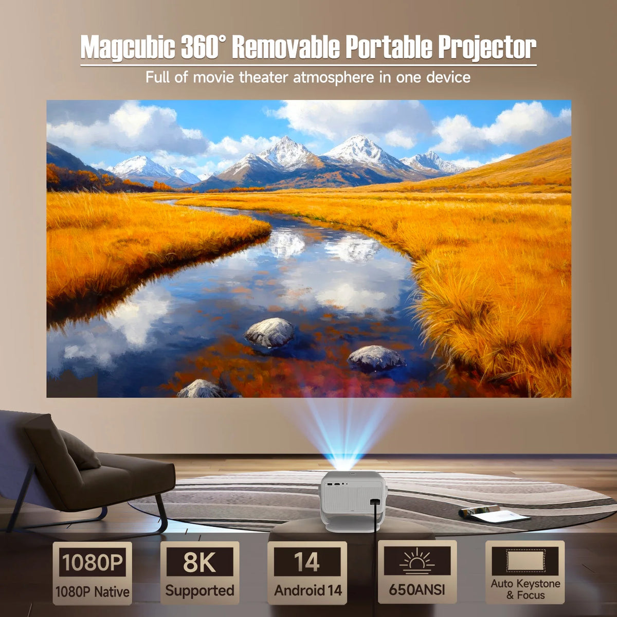 Magcubic L018 Projector 8K Native 1080P 650ANSI Auto Focus & Keystone Correction Android14 BT5.4 WIFI6 360° Portable Home Cinema