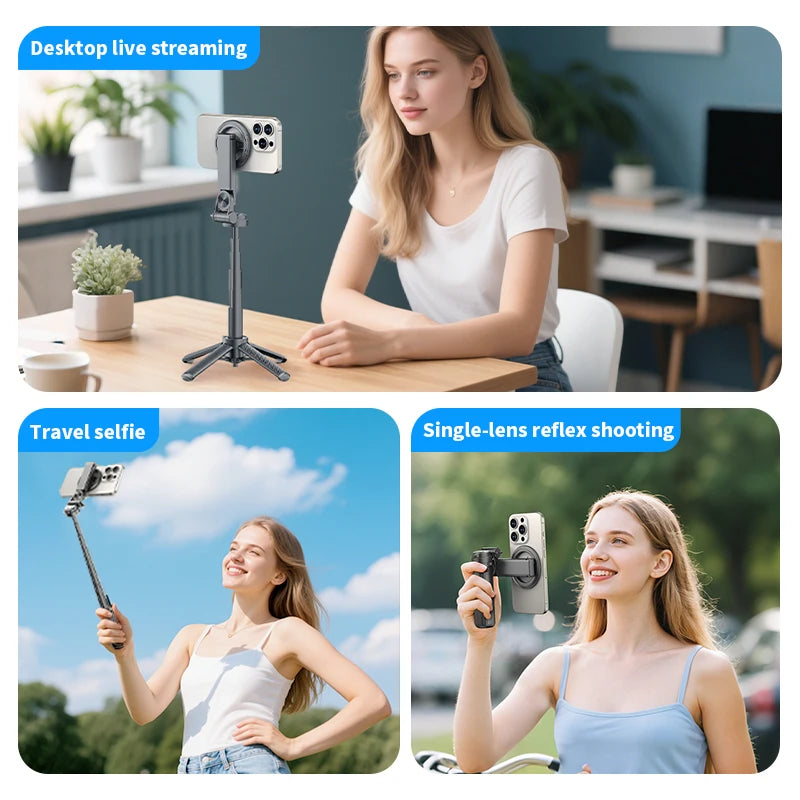Upgraded Magnetic Phone Holder Pocket Selfie Stick 360° Rotation with Zoom Wireless Bluetooth Control for Smartphone Shooting