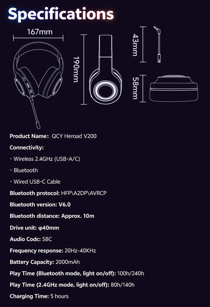 QCY Heroad V200 Gaming Headset Bluetooth 6.0 with Mic 50mm Driver 7.1 Surround Sound RGB Over Ear Headphones for PC Laptop PS4/5