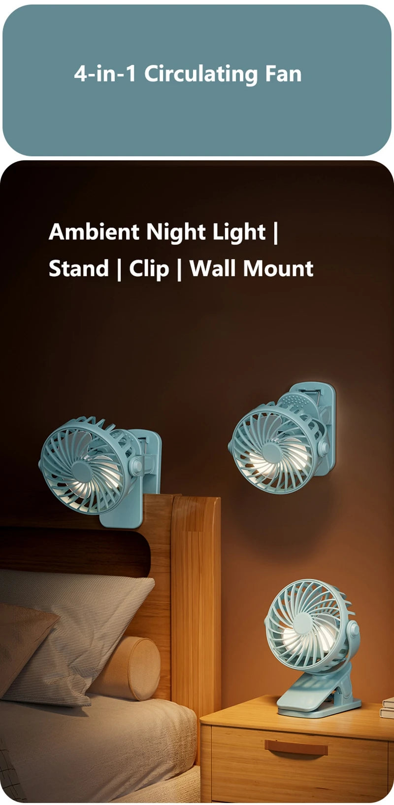 720°Rotatable Clip Fan Mini Cooler Fan Built In Night Lamp USB Rechargeable Personal Portable Fan For Outdoor Camping Ventilador