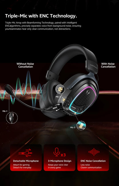QCY Gaming Headset Heroad GT2 THX Spatial Audio+ 7.1.4 Tri-mode RGB 3-Mic ENC Over Ear Headphone for PC/PS4/PS5 Headset Gamer