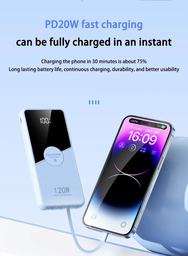 PowerBank 200000mAh Large Capacity with 4 Cables Fast Charging Portable Battery Charger for IPhone16 15 14 Samsung Xiaomi