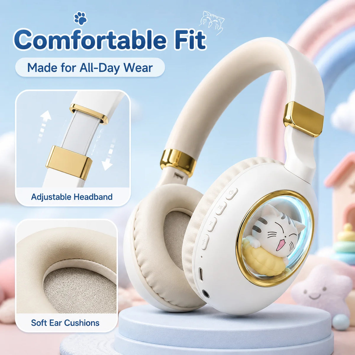 Kids Wireless Headphones with RGB light, 20H Battery Life, Transparent Capsule Cartoon Design, Bluetooth 5.3 Foldable Headset
