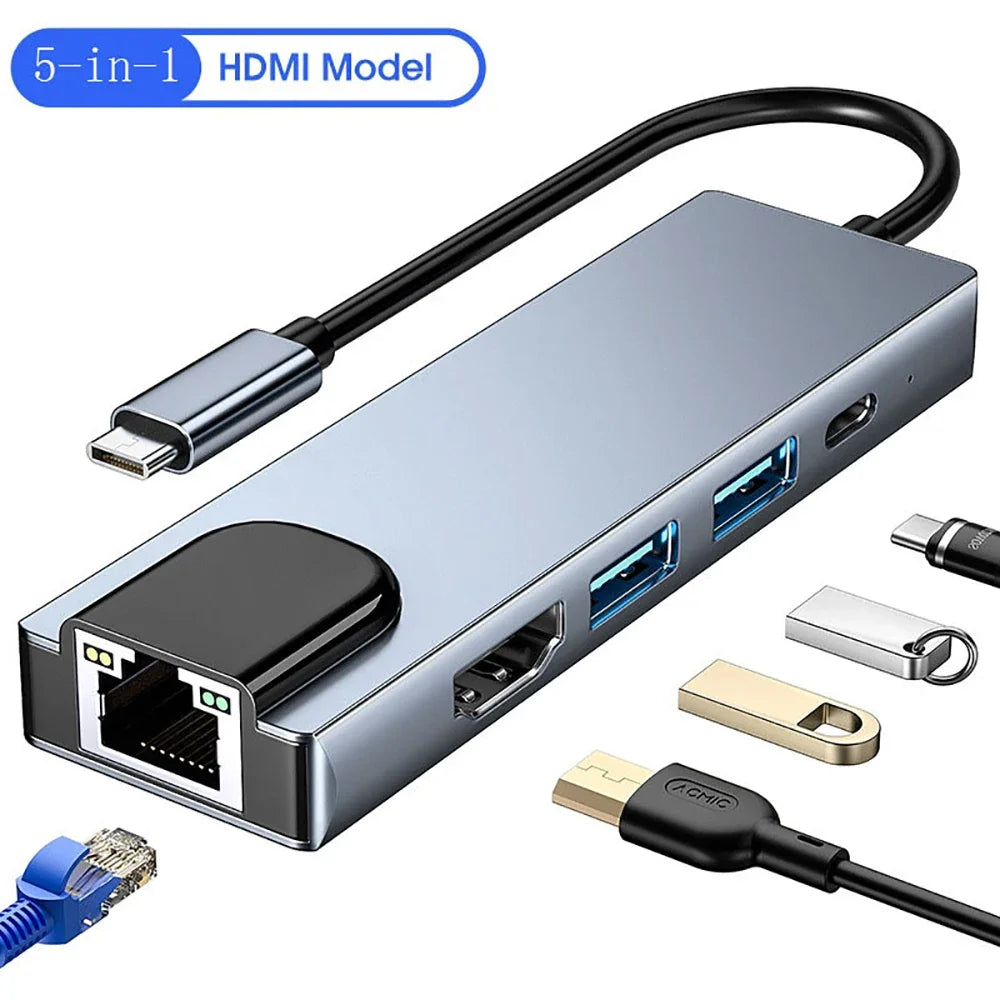 5 in 1 USB C Hub to 4K HDMI-compatible USB 3.0 2.0 Type C Charging RJ45 100M Splitter USB 3.0 5Gbps High Speed USB C HUB Adapter