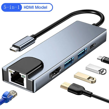 5 in 1 USB C Hub to 4K HDMI-compatible USB 3.0 2.0 Type C Charging RJ45 100M Splitter USB 3.0 5Gbps High Speed USB C HUB Adapter