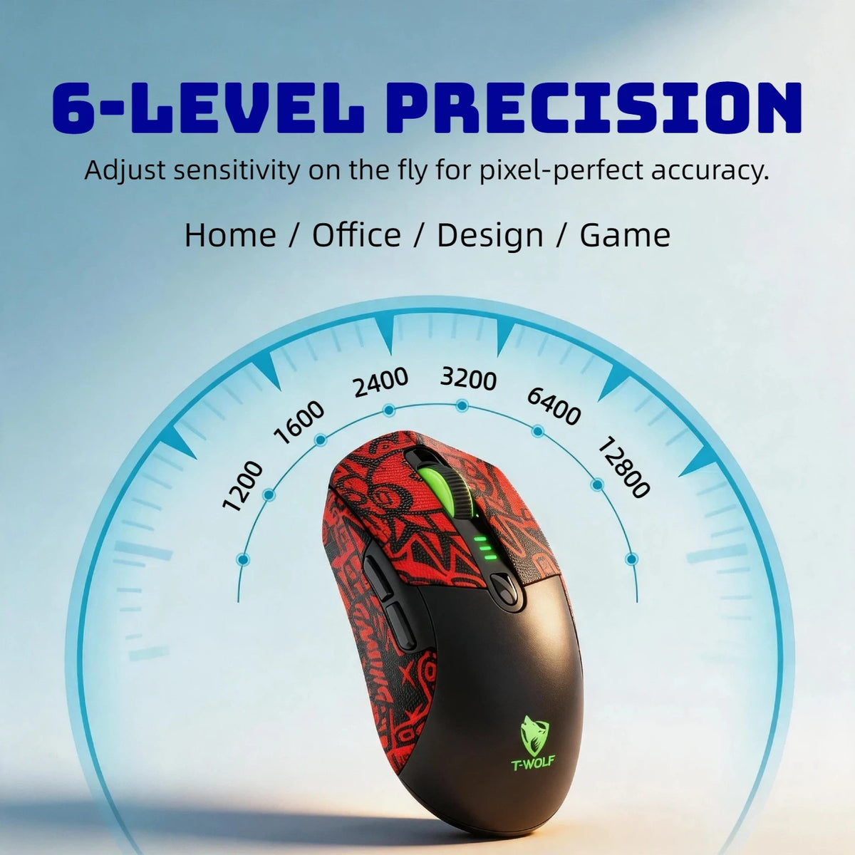 T-WOLF Tri Mode Gaming Mouse Wireless RGB Backlit 12800 DPI 2.4G Bluetooth Type-C Rechargeable Red Ergonomic 1000Hz