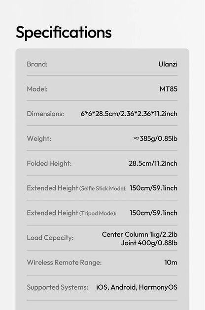 Ulanzi MT85 Automatic Phone Tripod Smartphone Selfie Stick Stand 1.5M With Bluetooth Controller 10M Wireless Magsafe for TikTok
