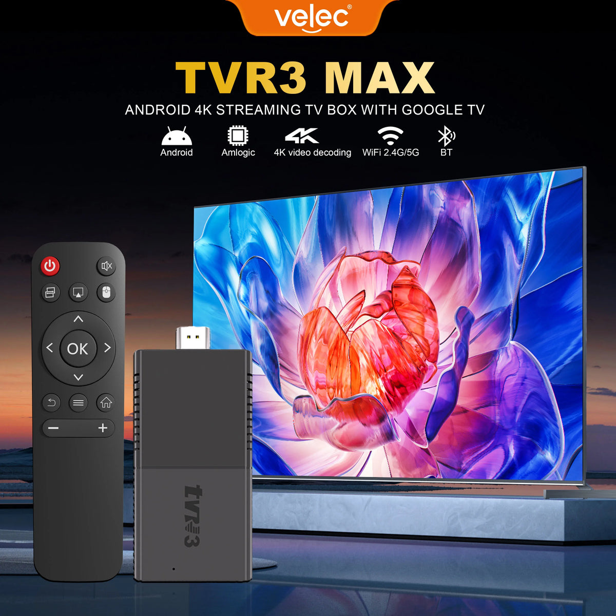TVR3 Max TV Stick 8+128GB Android 14 Smart 4K H.265 Decode Player Dual WiFi Quad-Core Supports Netflix & YouTube Home Theater