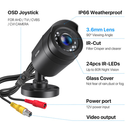 ZOSI 2.0MP 1080p Outdoor Indoor Security Camera 4-in-1 TVI/CVI/AHD/CVBS CCTV Camera for Analog Home Surveillance DVR System
