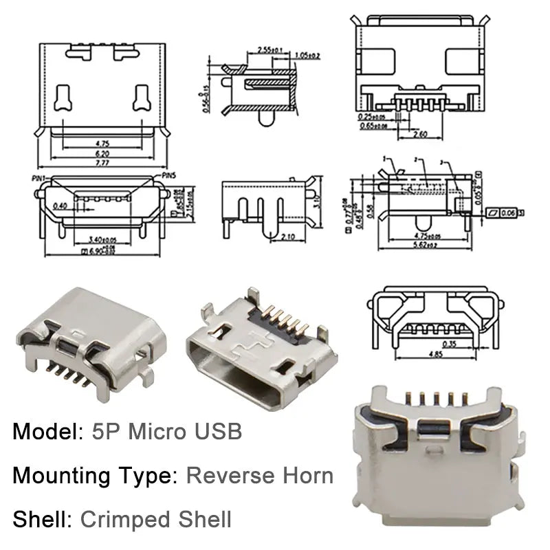 10PCS Micro USB Android Female Charging Socket, Flat Edge Crimped Type, 5Pin, 4 Mounting Pins, SMD & DIP Tail Connector