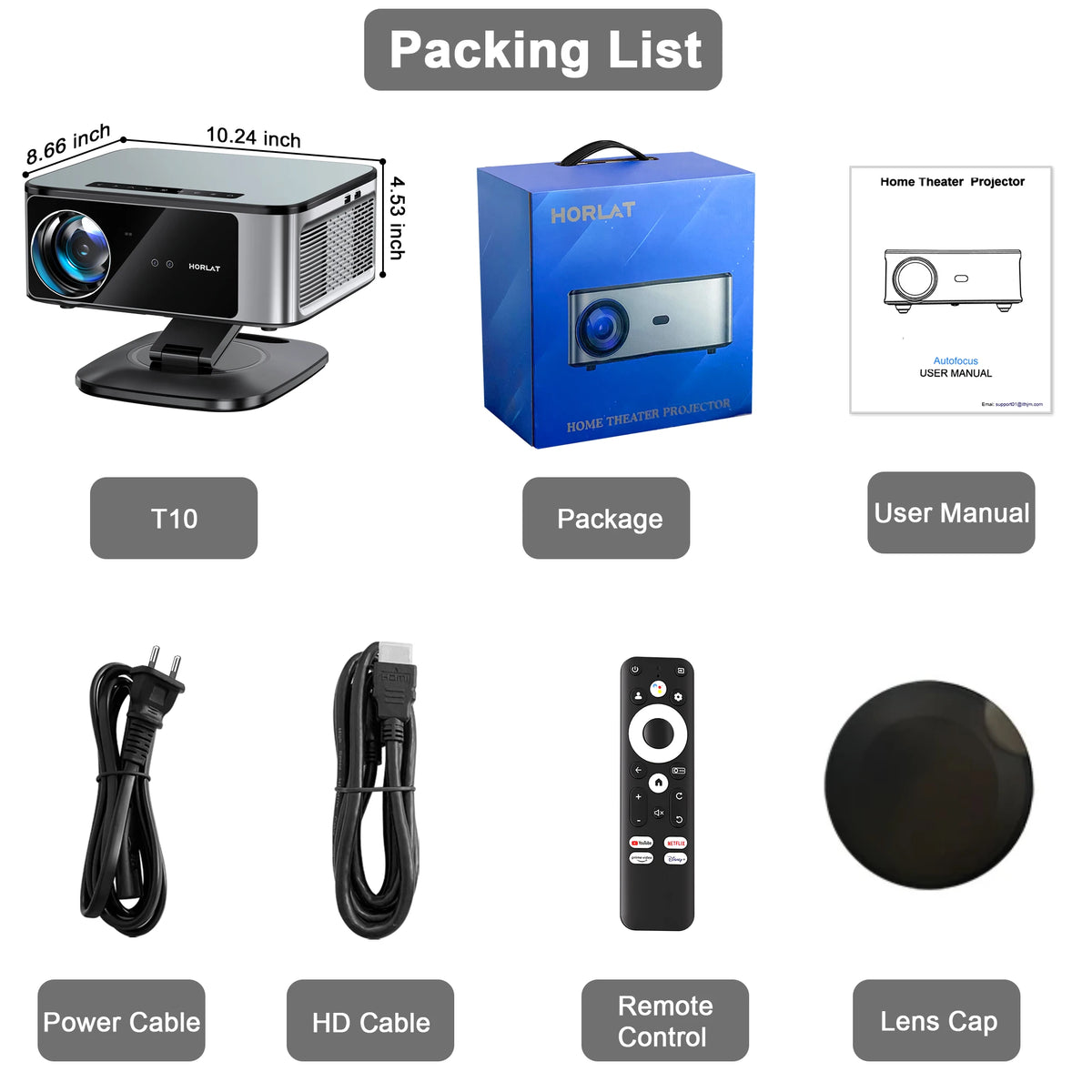 HORLAT 3200Ansi Lumens 4K Full HD Projector T10ULTRA 2G 32G Home Theater WiFi Android 14 Portable Smart TV Cinema Beam Projector