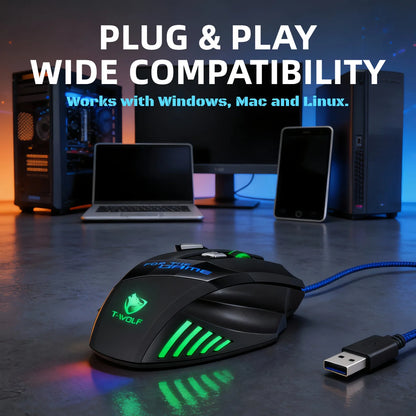 T-WOLF Wired Gaming Mouse 7 Buttons RGB Backlit Mouse Fire Button 2400 DPI Adjustable Ergonomic Optical Mouse for PC Laptop Gamer Professional