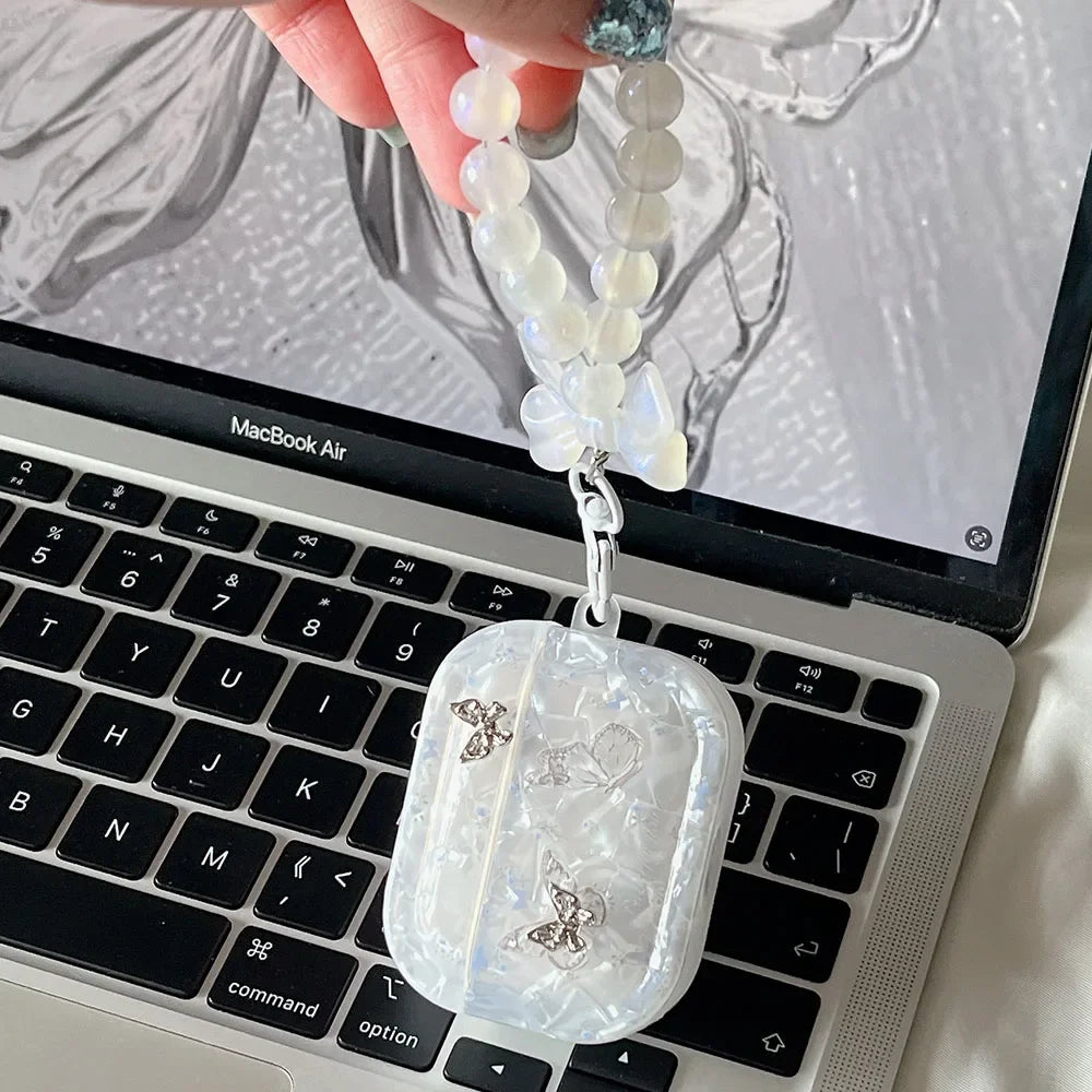 Luxury Shell Texture Metal Butterfly Girls Case For Airpods 4 Pro 2nd 1 2 Earphone Box Cover For Apple AirPod 3 Bag with Pendant