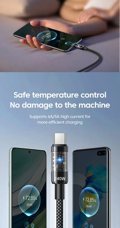 USB C Quick Charging Cable 240W  Braided Transparent Type C High-speed Charger Wire for 16/17 for Samsung Huawei Mi Data Line