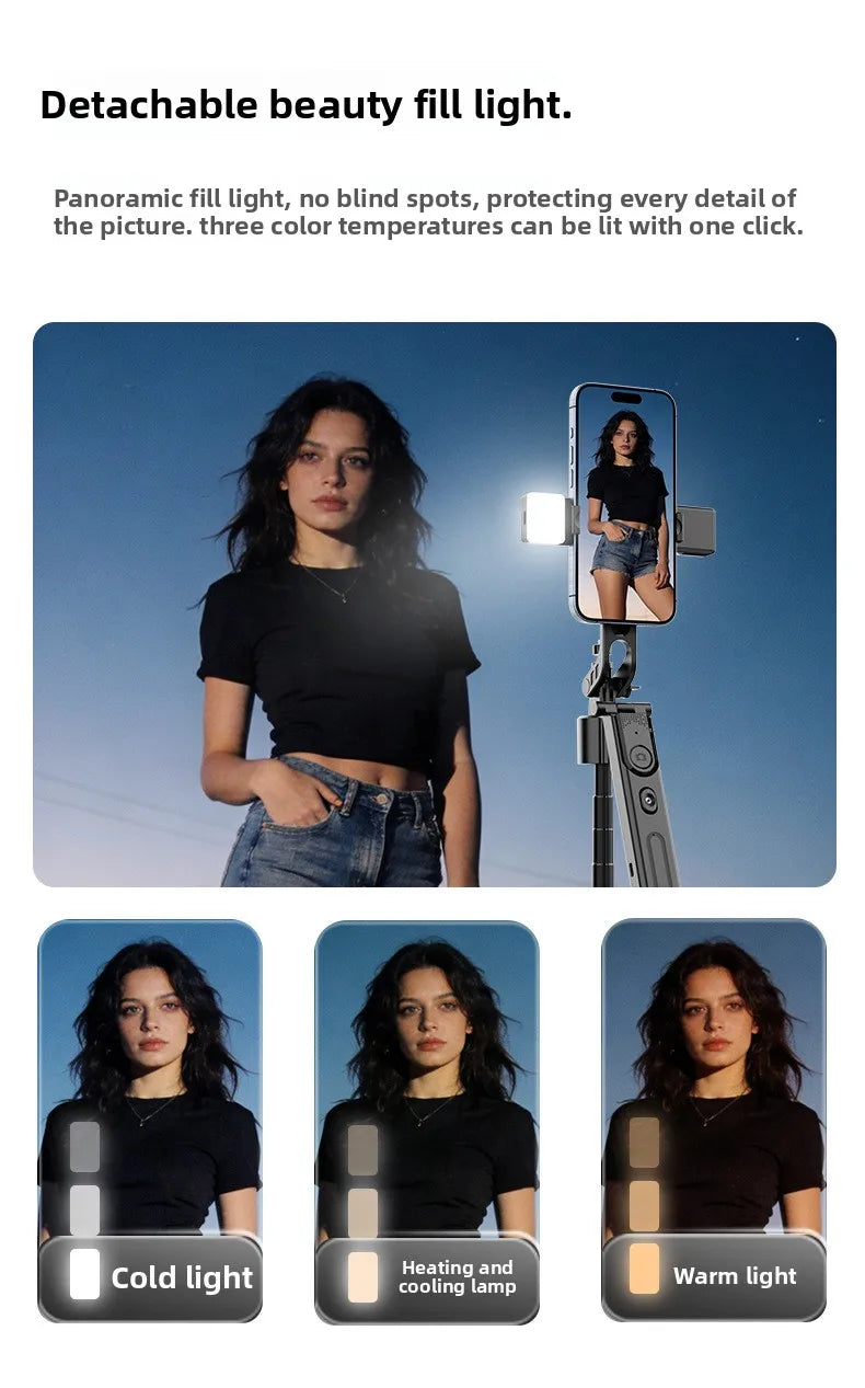 AI Face Tracking Selfie Stick Gimbal Stabilizer, Bluetooth Extendable Phone Tripod with 4-Axis Anti-Shake, Fill Light, Smart Aut