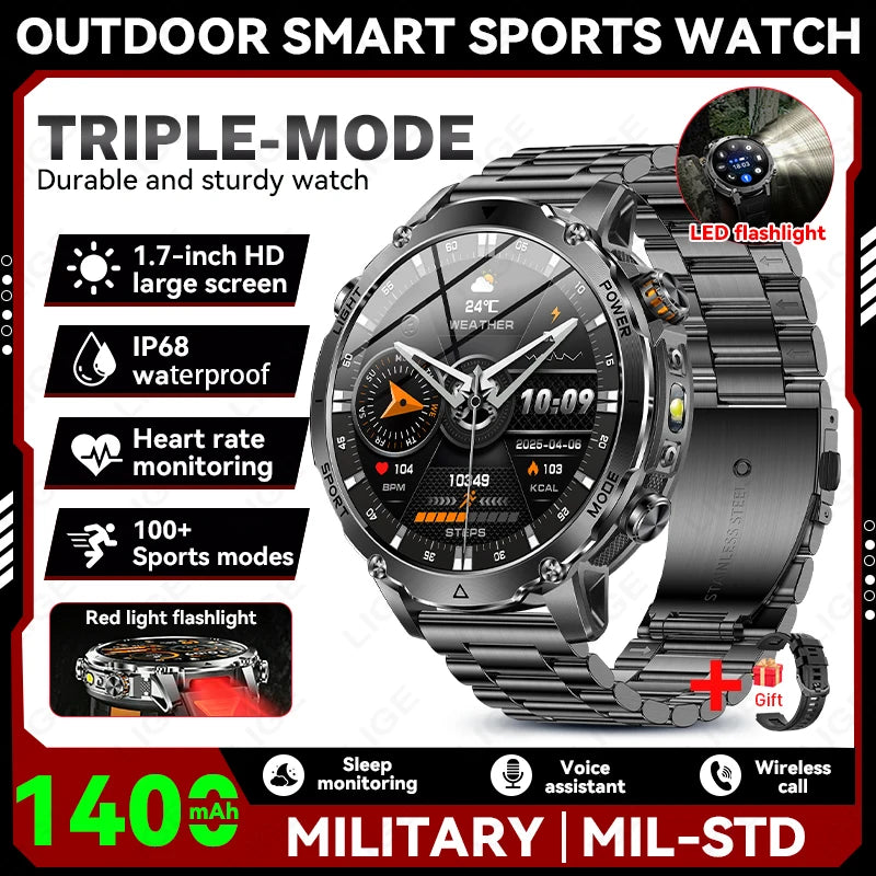 LIGE New 1400mAh Battery Smart Watch Men BT Call Waterproof Heart Rate Monitor Flashlight & SOS Red Light Sports Smartwatch Men