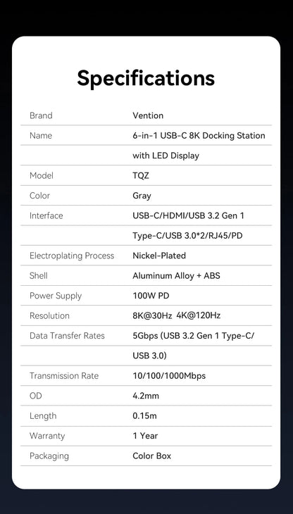 Vention 6 in 1 USB C 8K@30Hz HDMI HUB Smart Led Touch USB 3.0 Ethernet Adapter Docking Station for MacBook Lenovo HP iPad Laptop