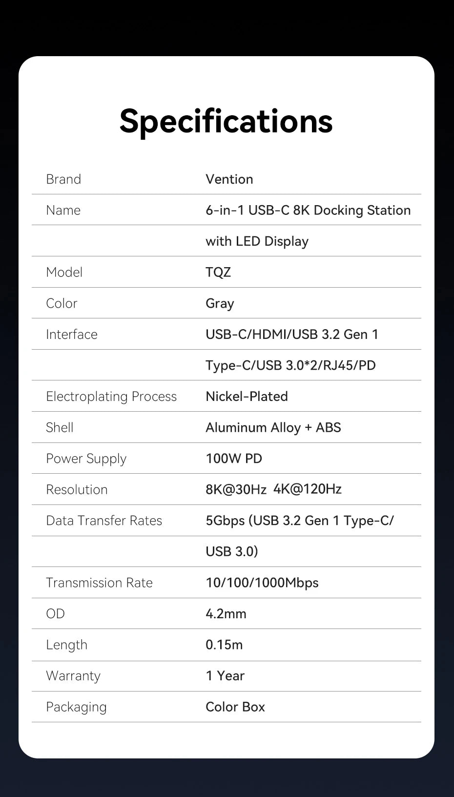 Vention 6 in 1 USB C 8K@30Hz HDMI HUB Smart Led Touch USB 3.0 Ethernet Adapter Docking Station for MacBook Lenovo HP iPad Laptop