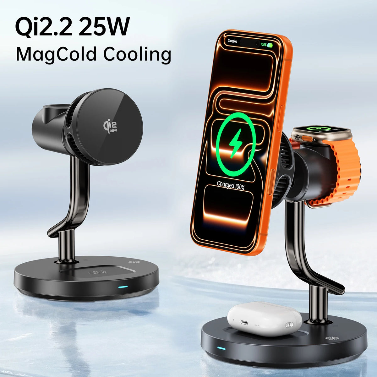 3 in 1 Qi2.2 25W TEC Cooling Fan Light Magnetic Wireless Charger Stand for iPhone 17 Pro Max Samsung Apple Watch 2-8 SE Airpods