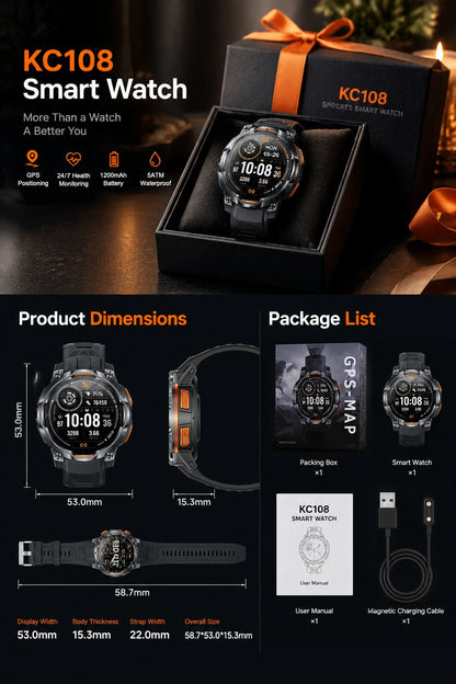New Technology 2026 Offline Map GPS Smart Watch Men 1200mAh Battery Waterproof Compass Altimeter 100+Sports Military Smart Watch