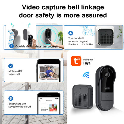 XBIBI Tuya WiFi doorbell, Smart Video Doorbell Camera, 2-way Intercom, Night Vision, microSD/cloud, waterproof, long standby, Wireless Security Camera, Rechargeable Battery